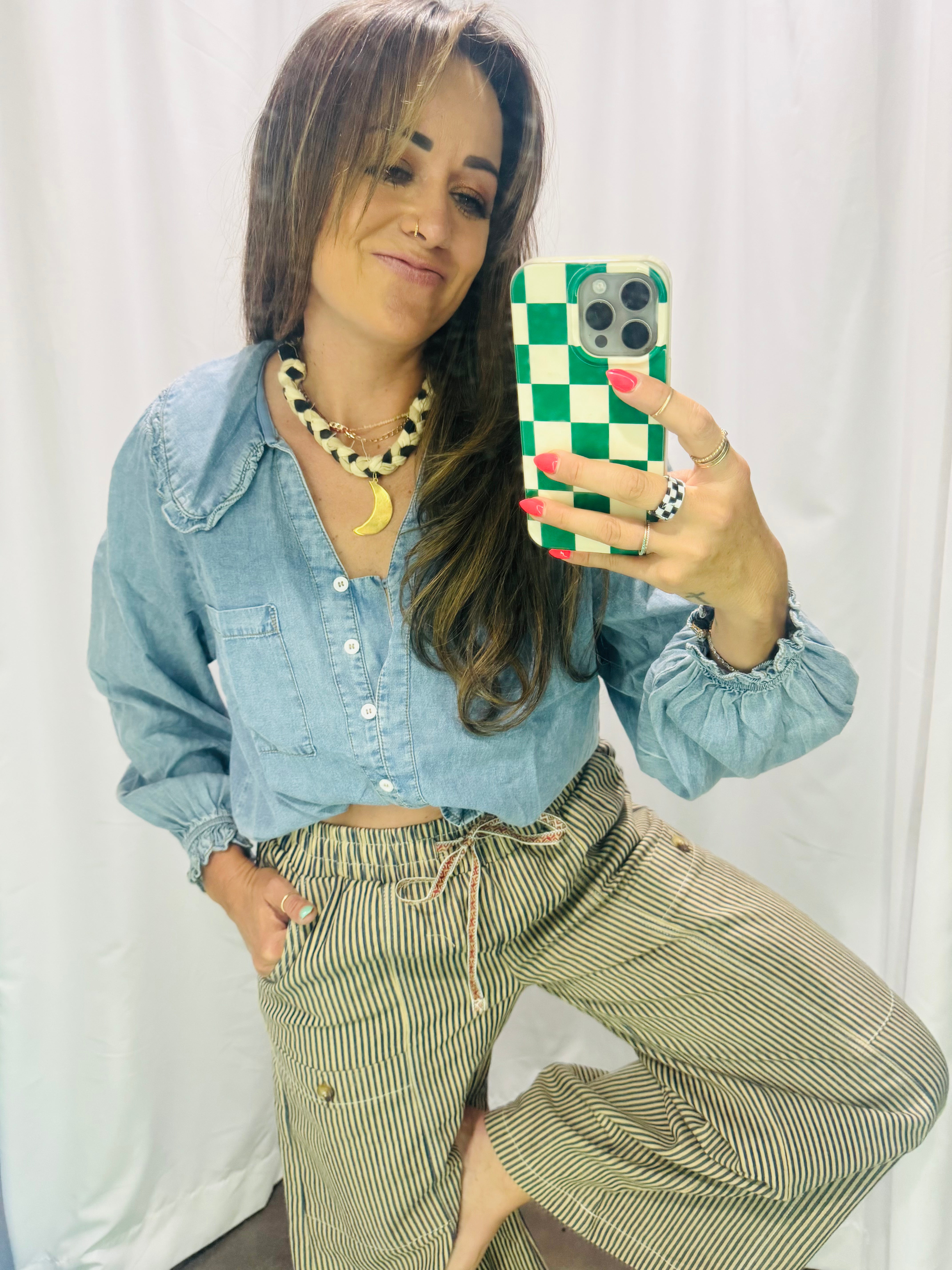Round collar denim long sleeve