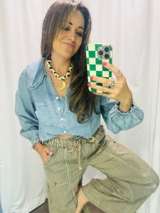 Round collar denim long sleeve