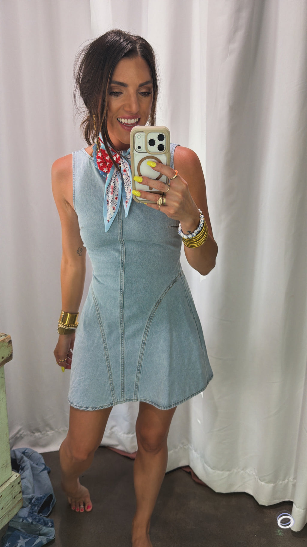 High neck open back denim dress