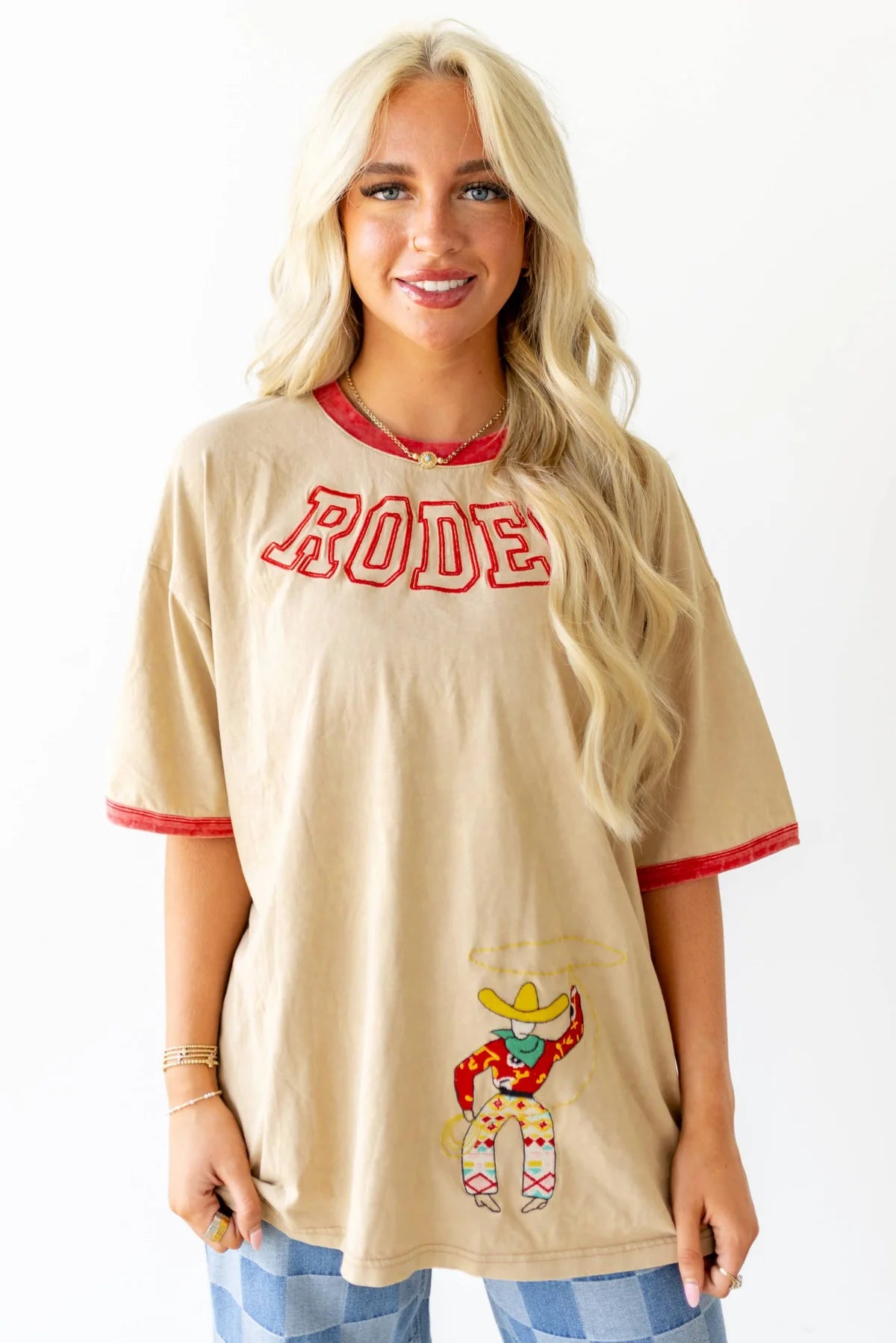 Embroidered red ringer rodeo tee