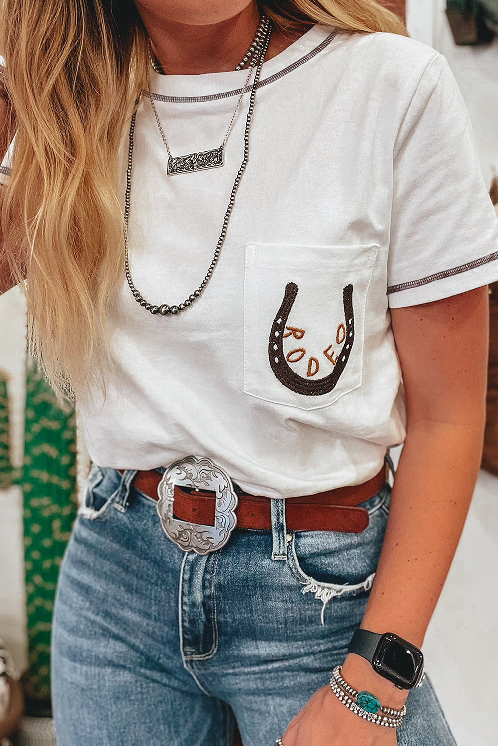 Rodeo Horseshoe embroidered Pocket Tee