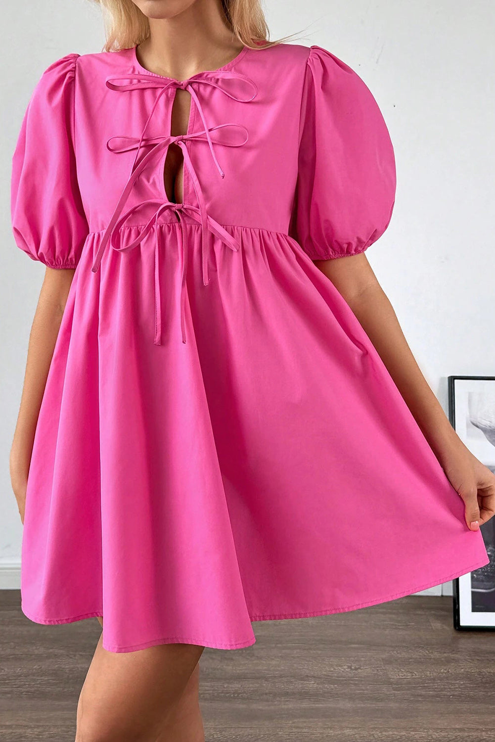 Hot Pink Puff Sleeve Mini Dress