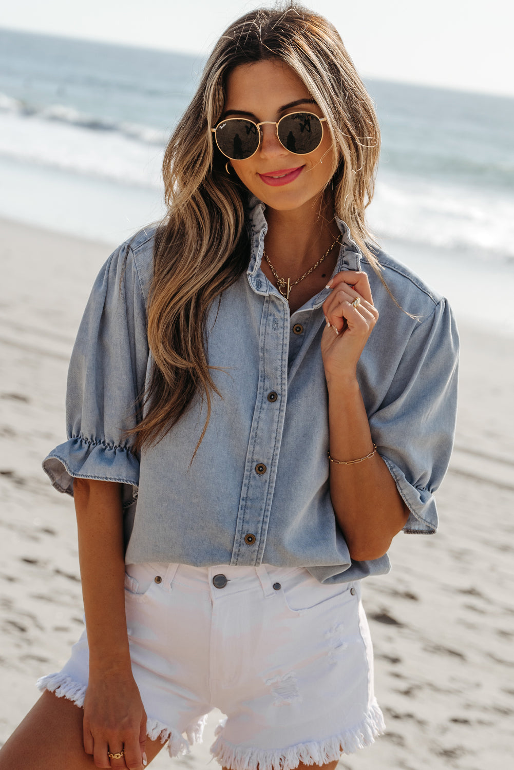 Denim ruffle puff sleeve