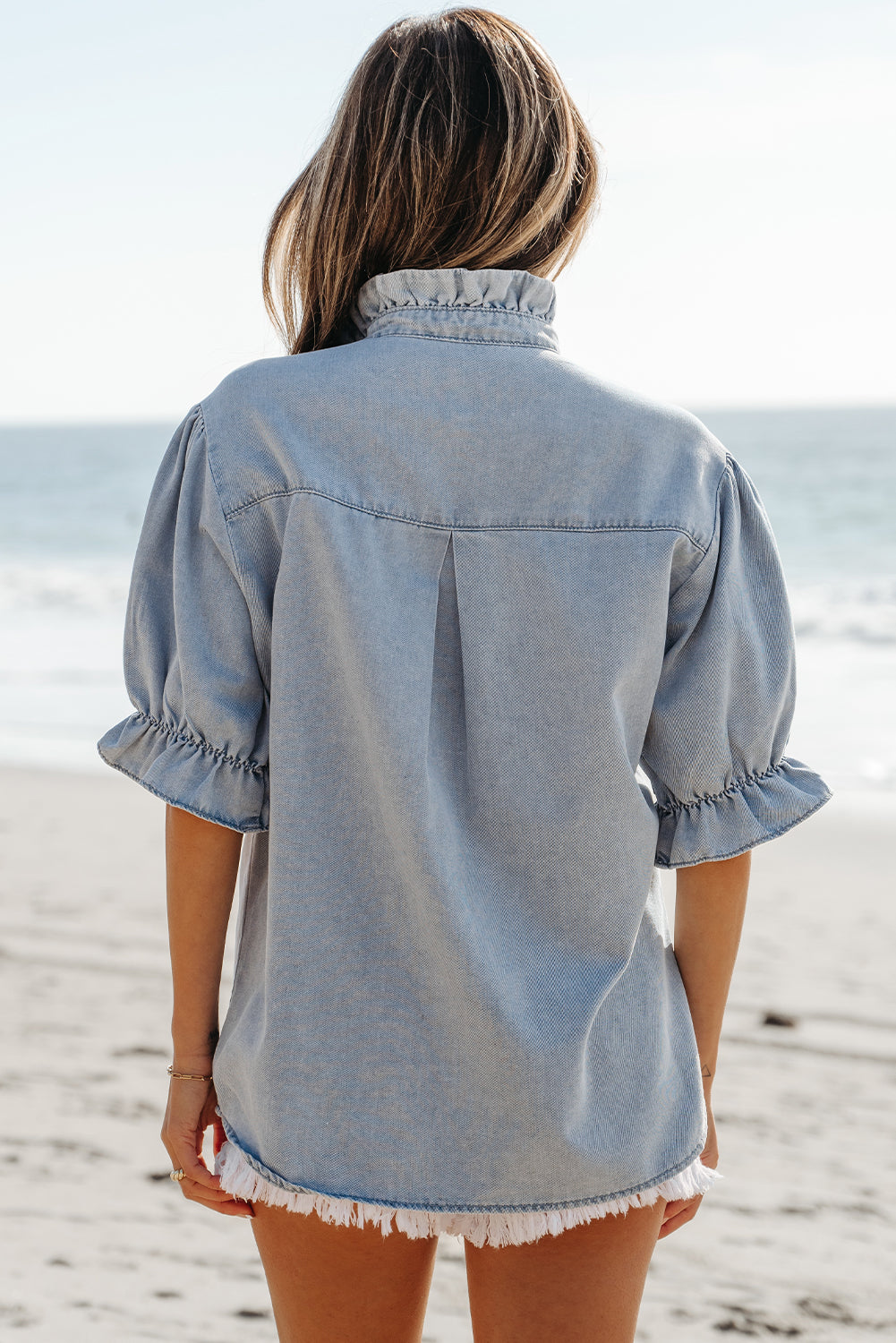 Denim ruffle puff sleeve