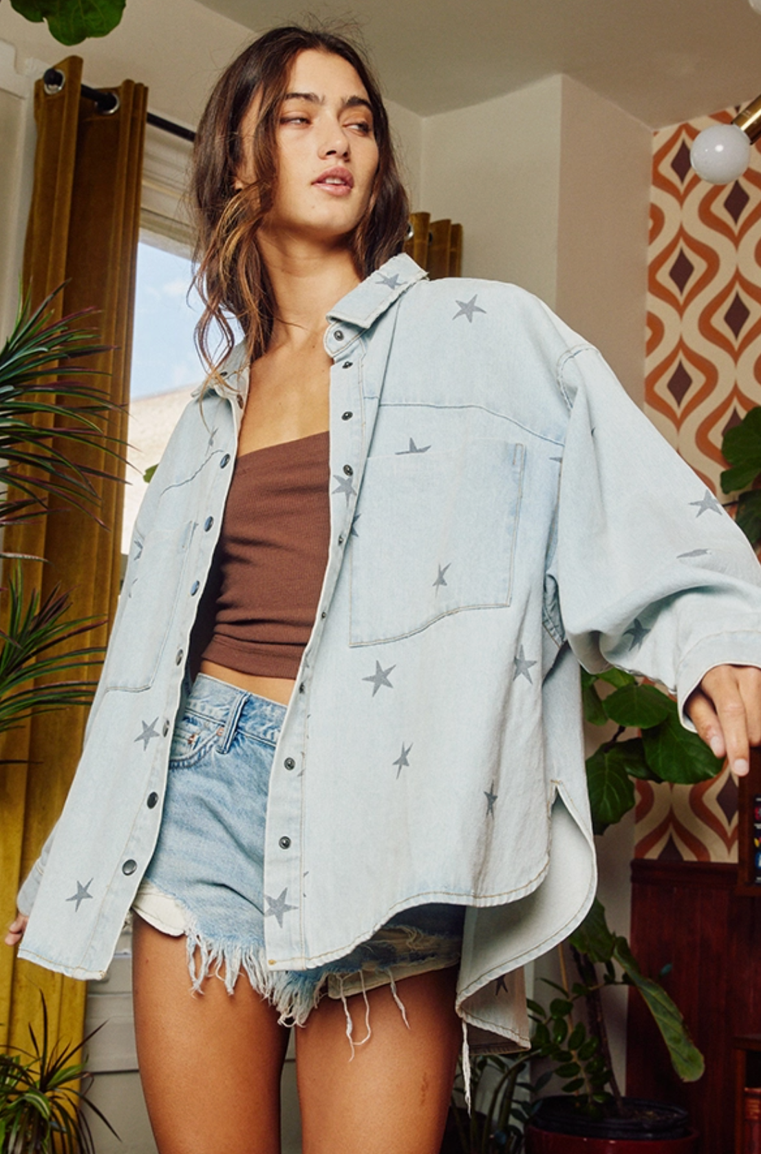 Star print washed denim shacket