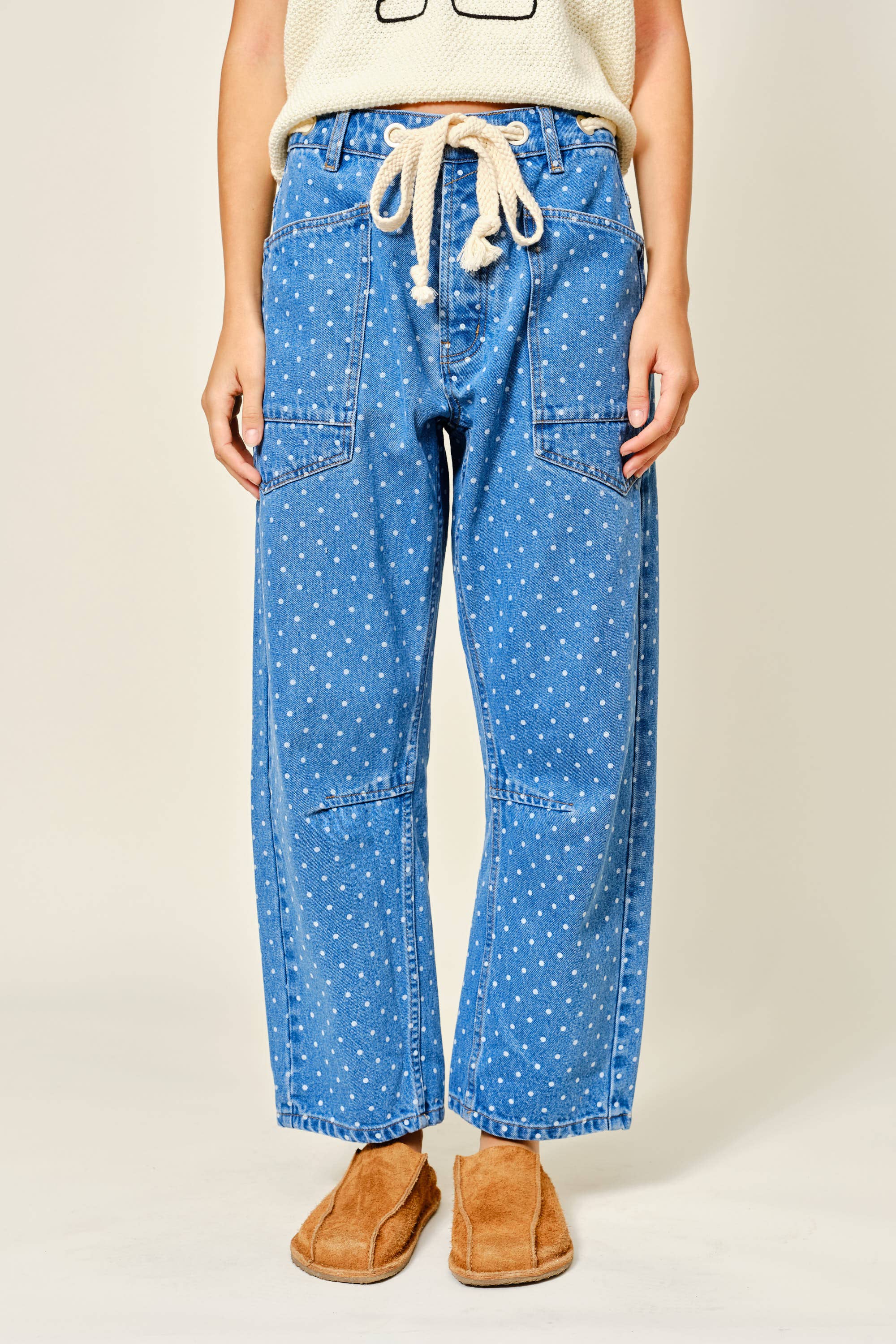 POLKA DOT DENIM BARREL PANTS
