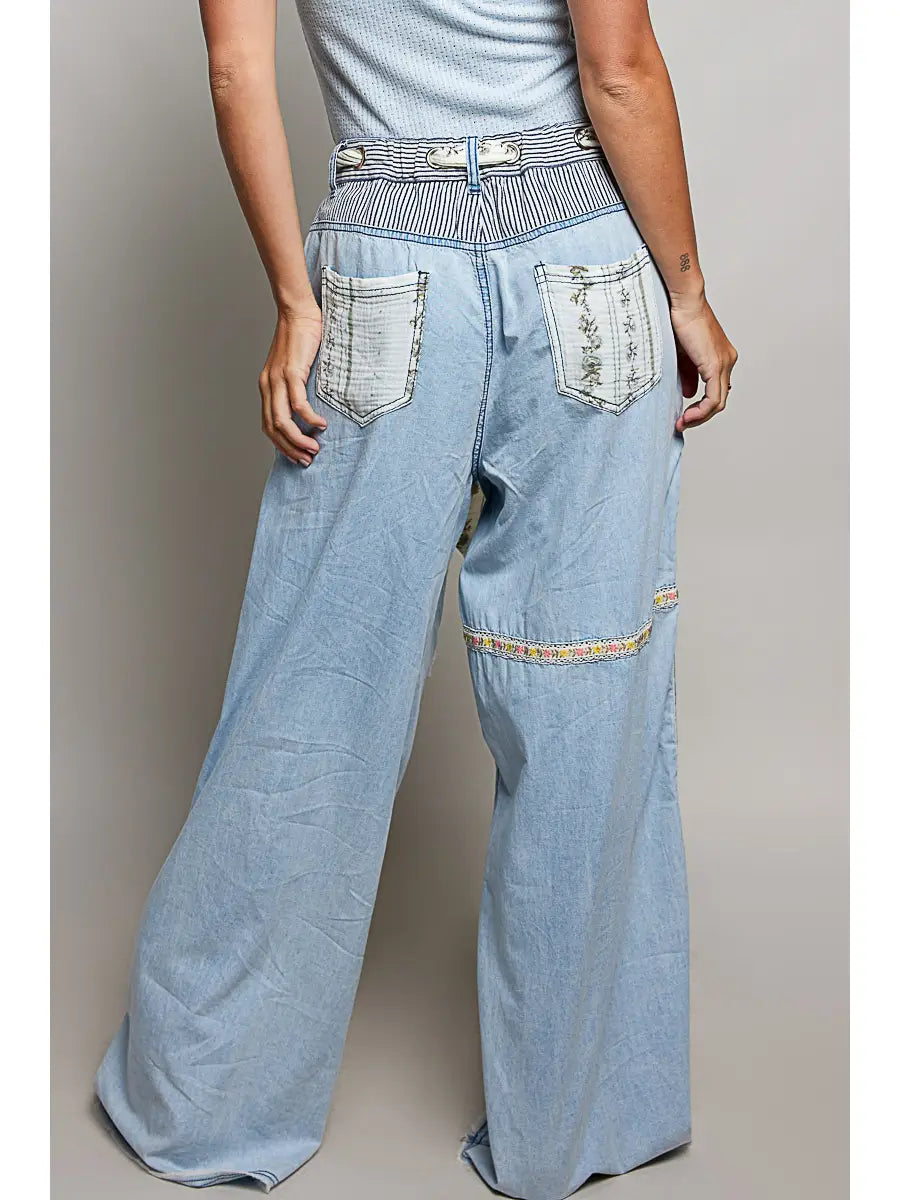 Wide leg denim patch pants