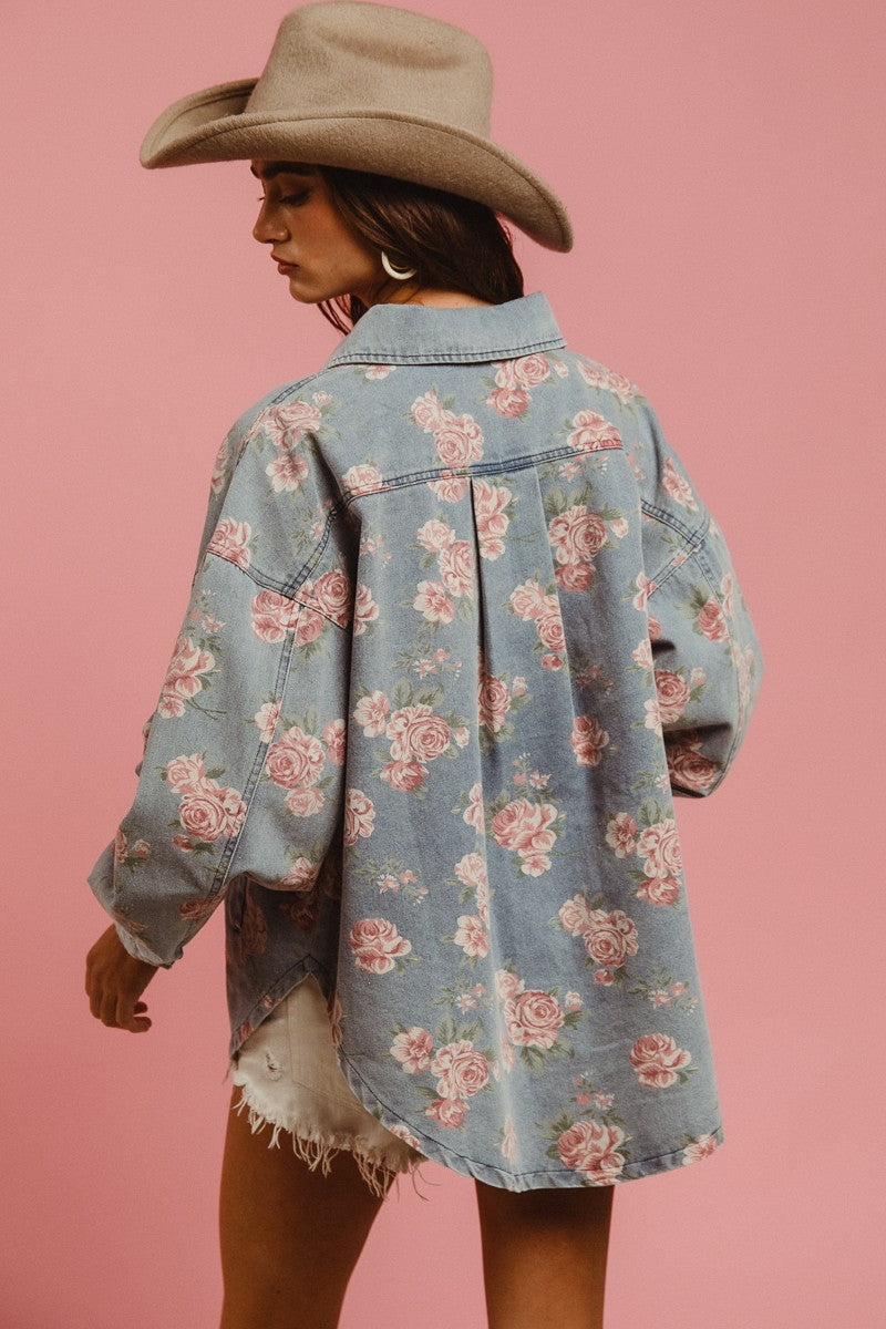 Floral Print Washed Denim Shacket