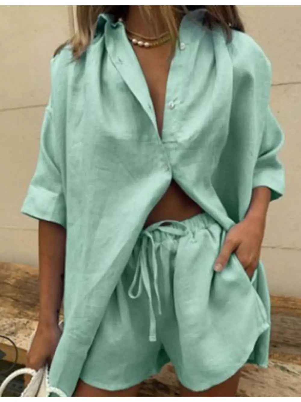 Teal short sleeve button down set