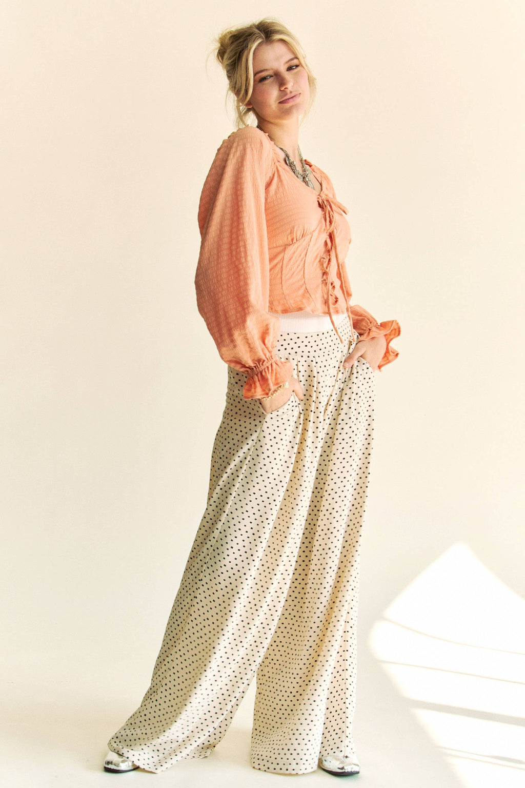 PLEATED BACK ELASTIC WAIST BAND WIDE LONG PANTS