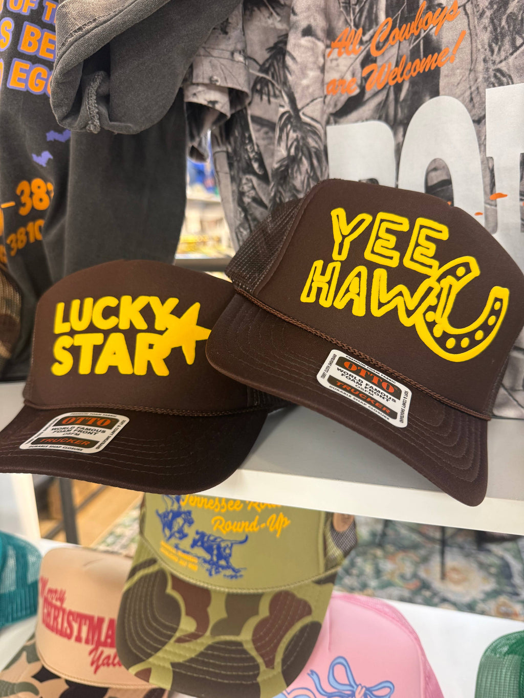 Yee-Haw, Horseshoe Western Gold Puff Summer Trucker Hat
