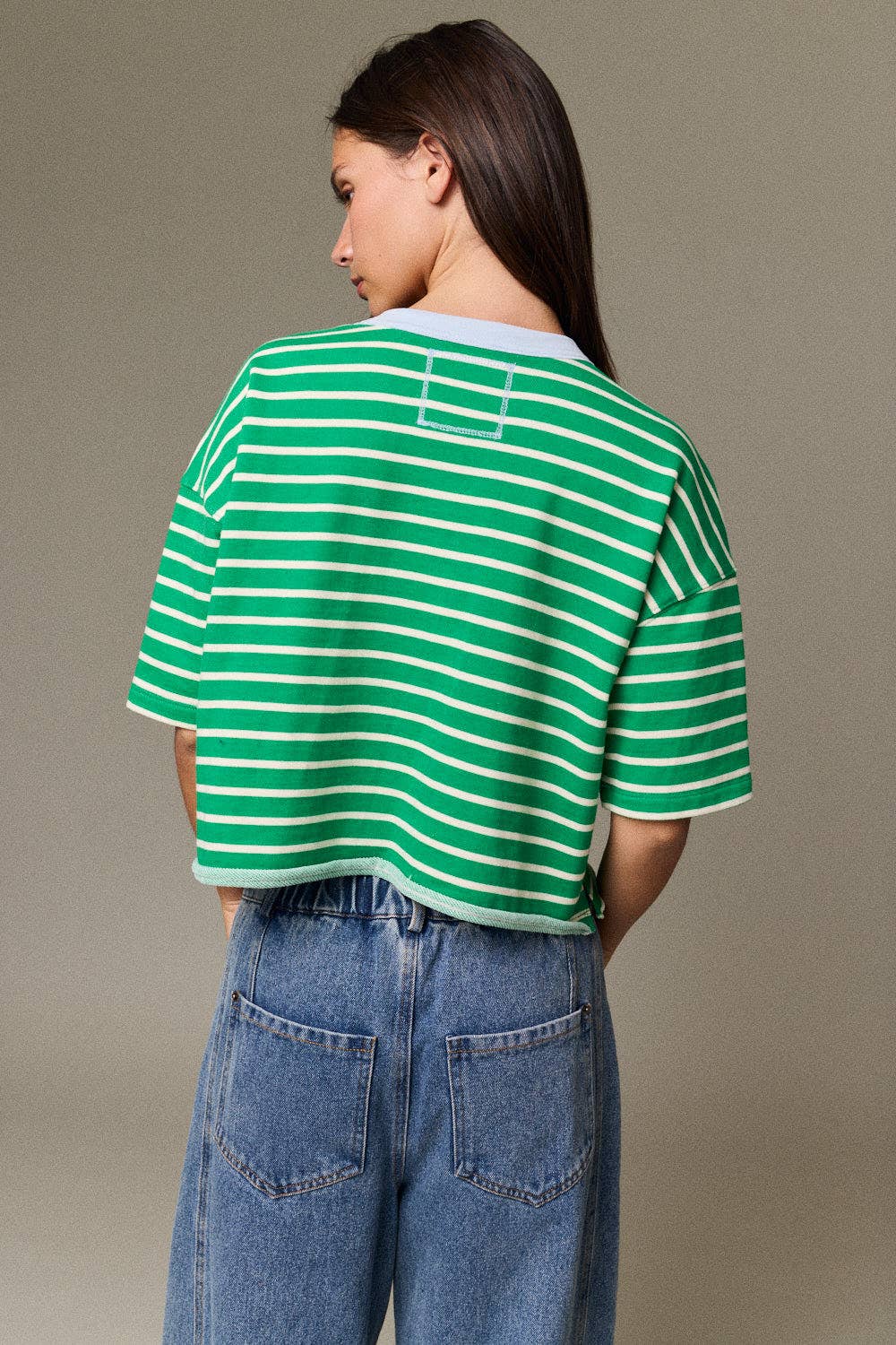 Henley neck green stripe top