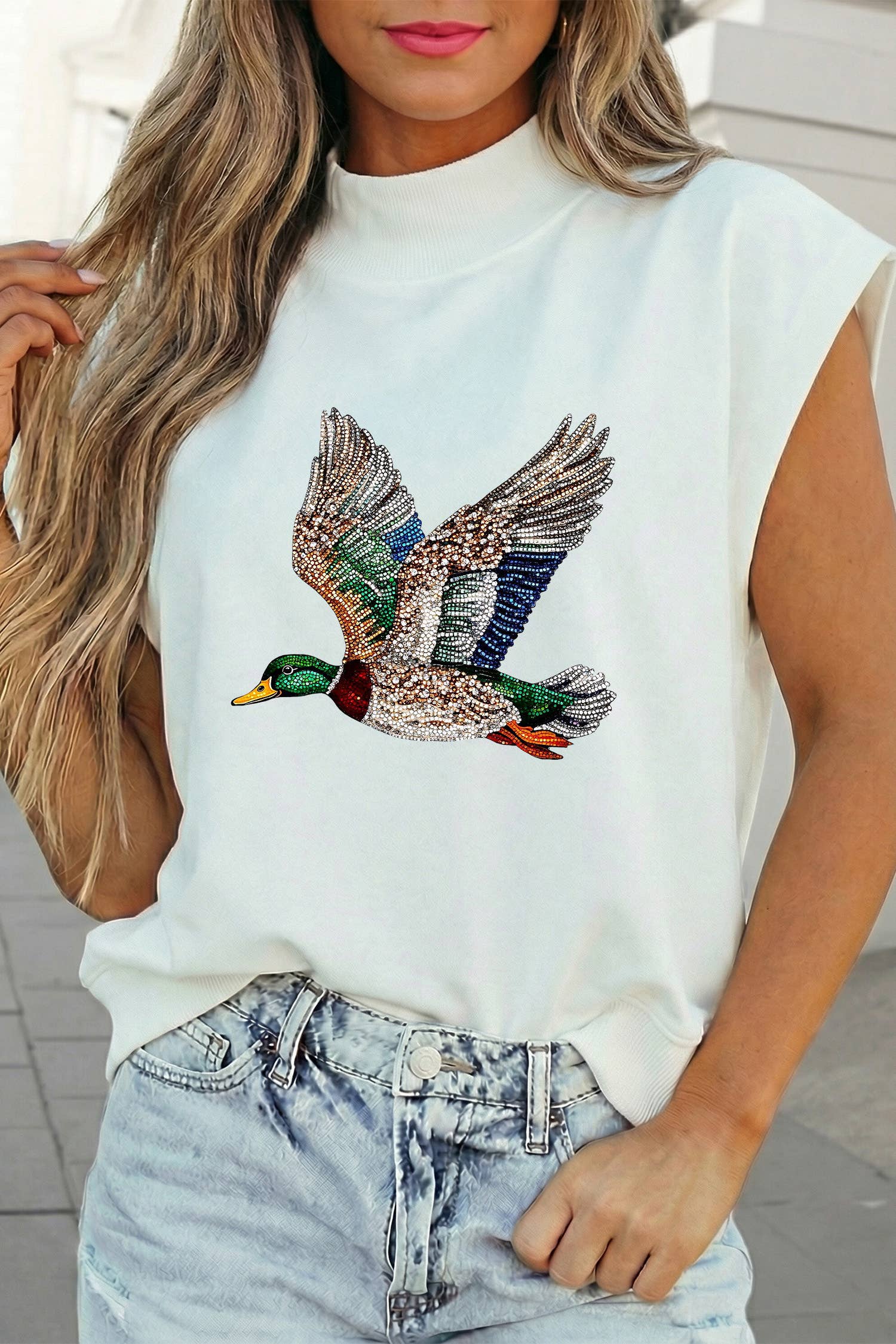 Faux Quilted Mallard Duck Mock Neck Short Sleeve Top | S-XL