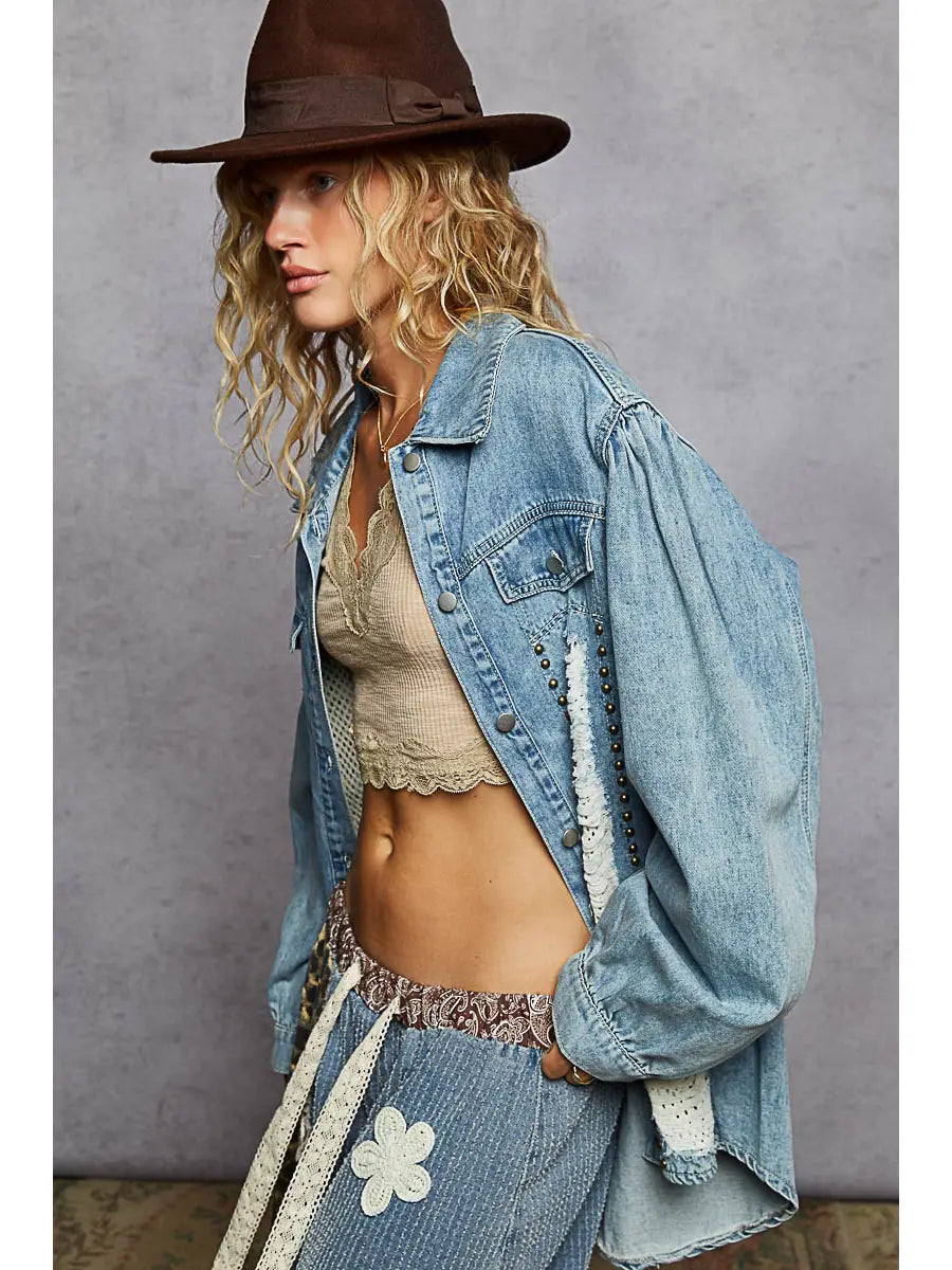 Distressed studded denim top