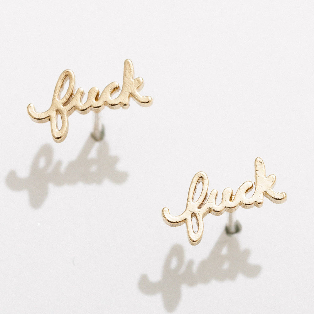 Fuck Script Stud Earring, Gold Plate, Single/Pair