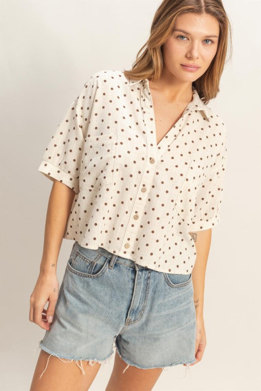 Polka dot v-neck cropped button up