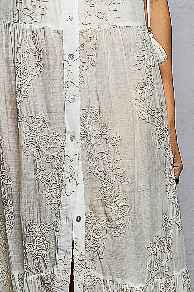 Sleeveless Round Neck Tassel Shoulder Tie Woven Maxi Dress
