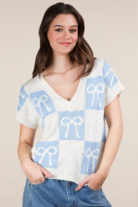 Blue Bow Knit Top