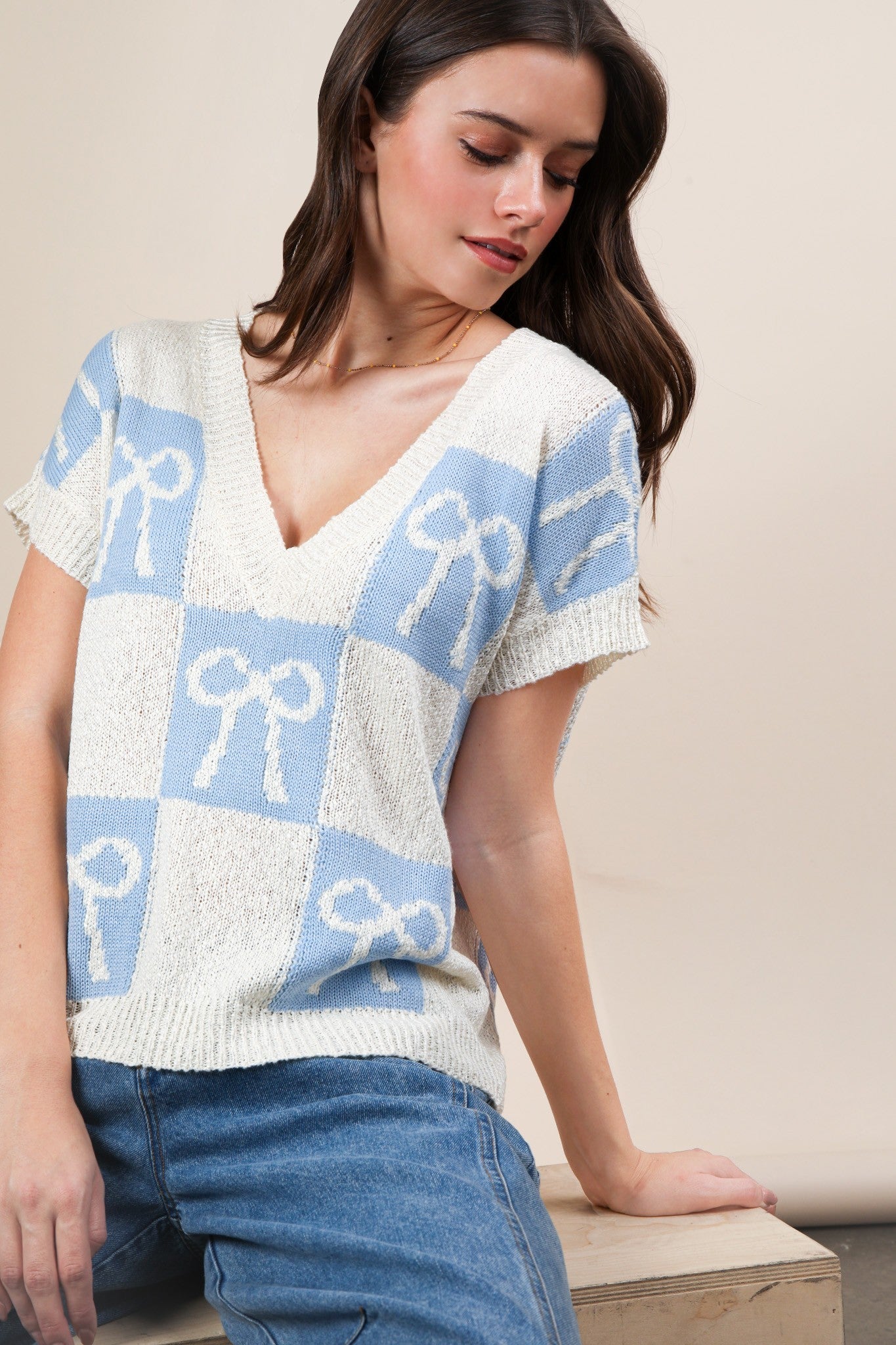 Blue Bow Knit Top