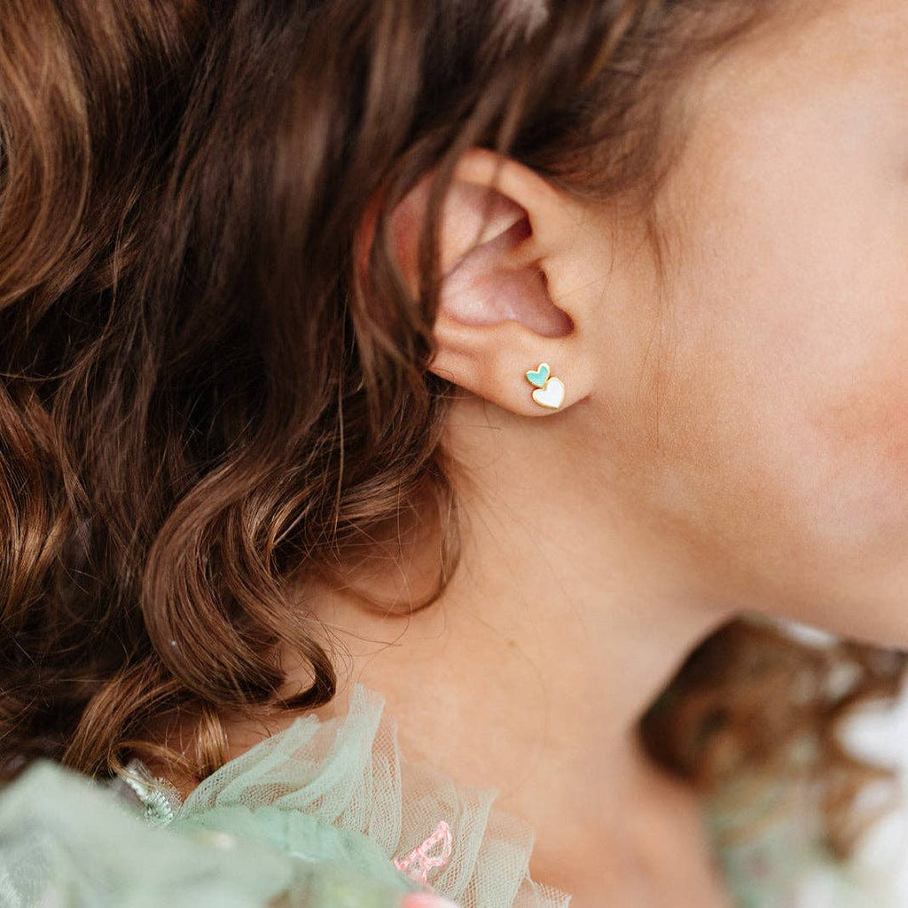 Heart Stack Stud Earrings - Hypoallergenic, Flat Back, Girl