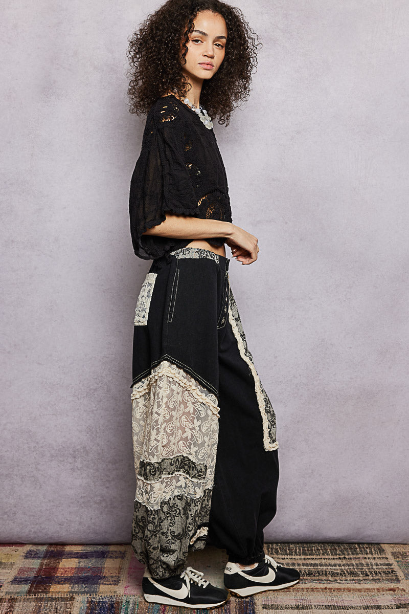 Black lace detailed barrel pants