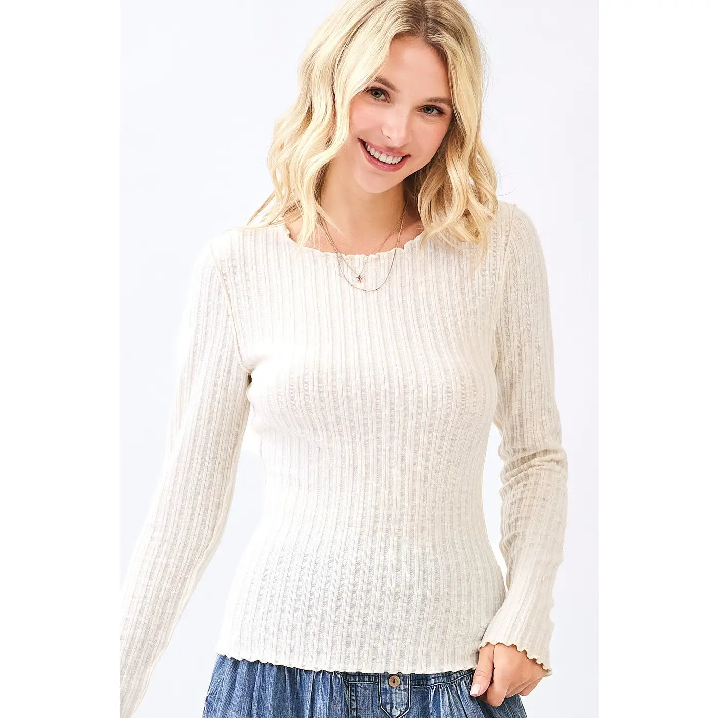 Lettuce Hem Long Sleeve Ribbed Knit Sweater Top