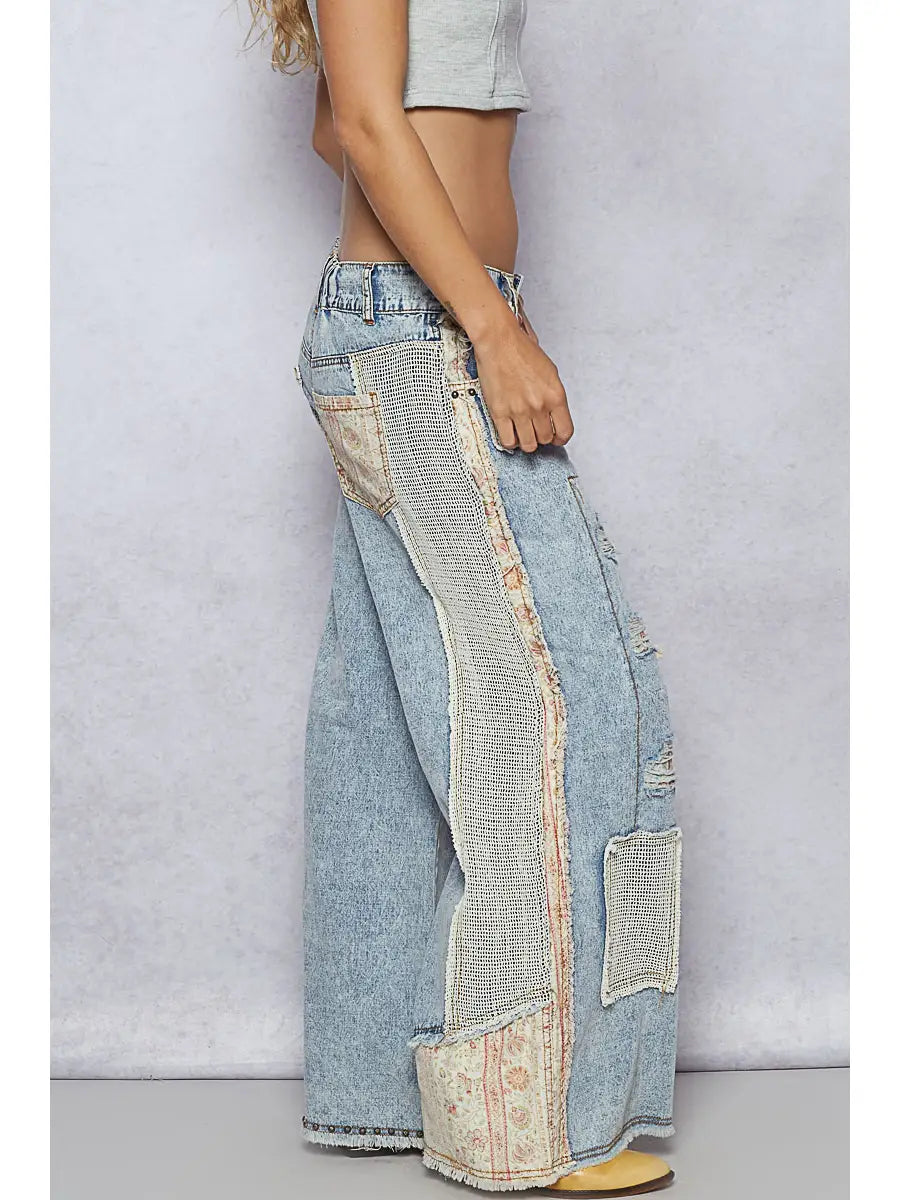 Denim stud patchwork pants