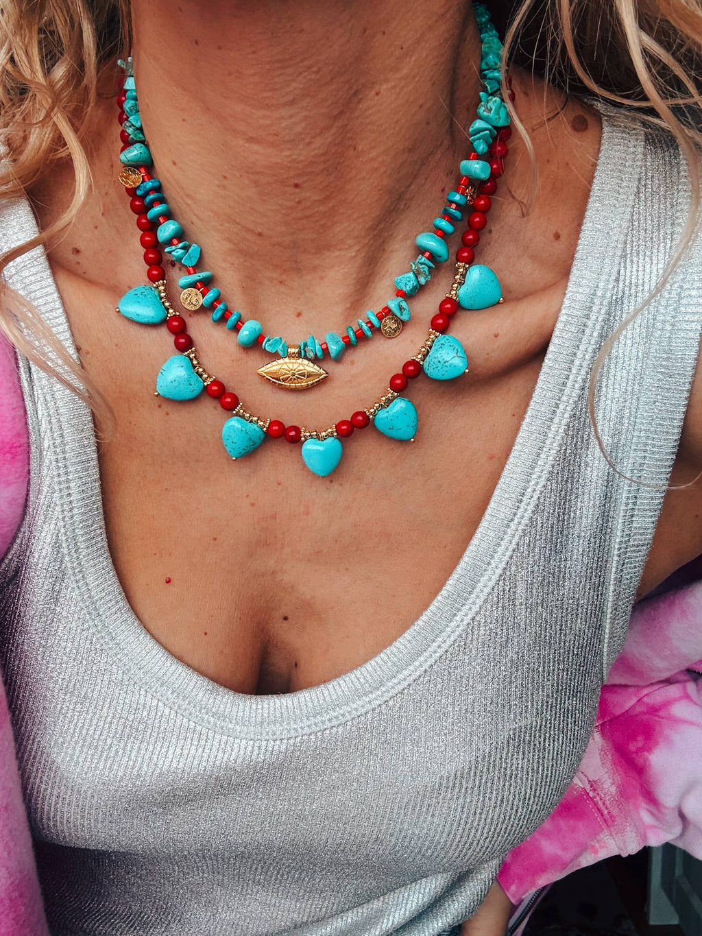 Turquoise & Red Howlite Necklaces – Layered Boho Jewelry