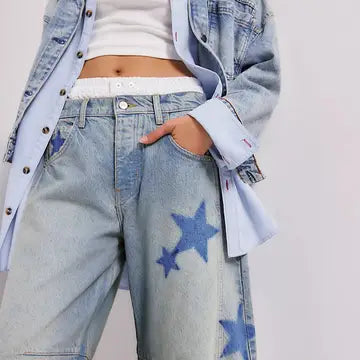 PLUS SIZE Star Print Loose Midi Waist Jeans