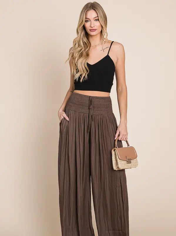 Smocked waist wide leg pant