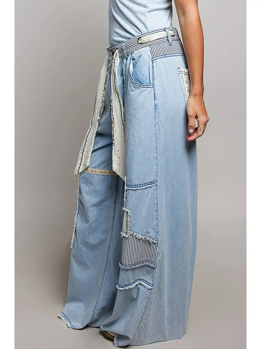 Wide leg denim patch pants