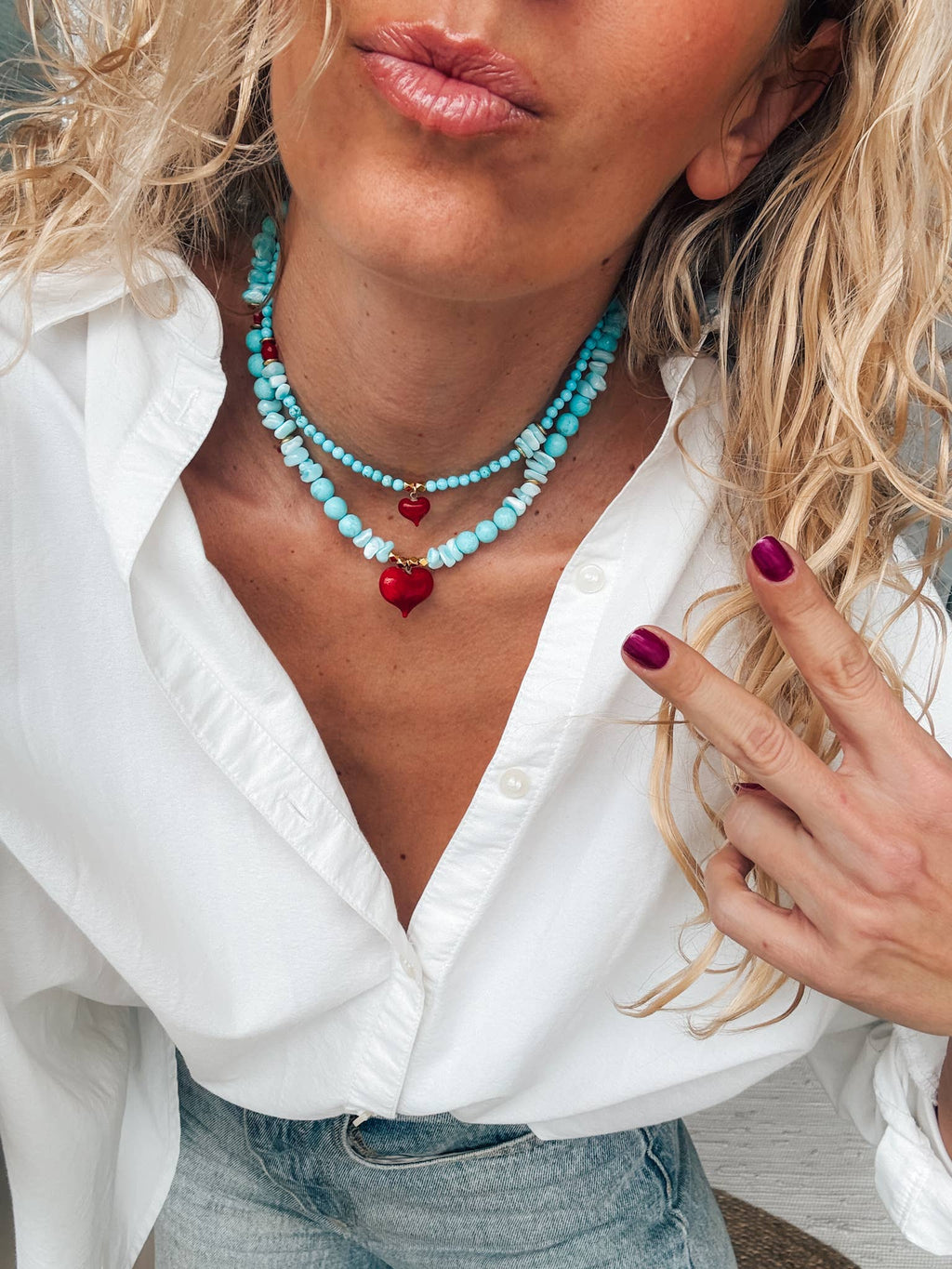 Semiprecious howlite turquoise beads necklace with red heart