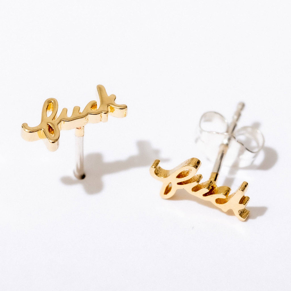 Fuck Script Stud Earring, Gold Plate, Single/Pair