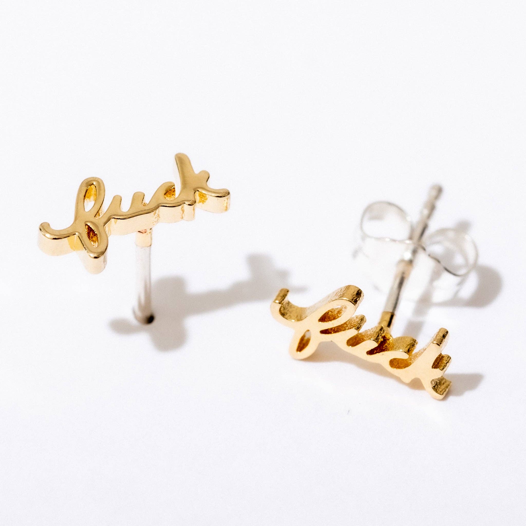 Fuck Script Stud Earring, Gold Plate, Single/Pair