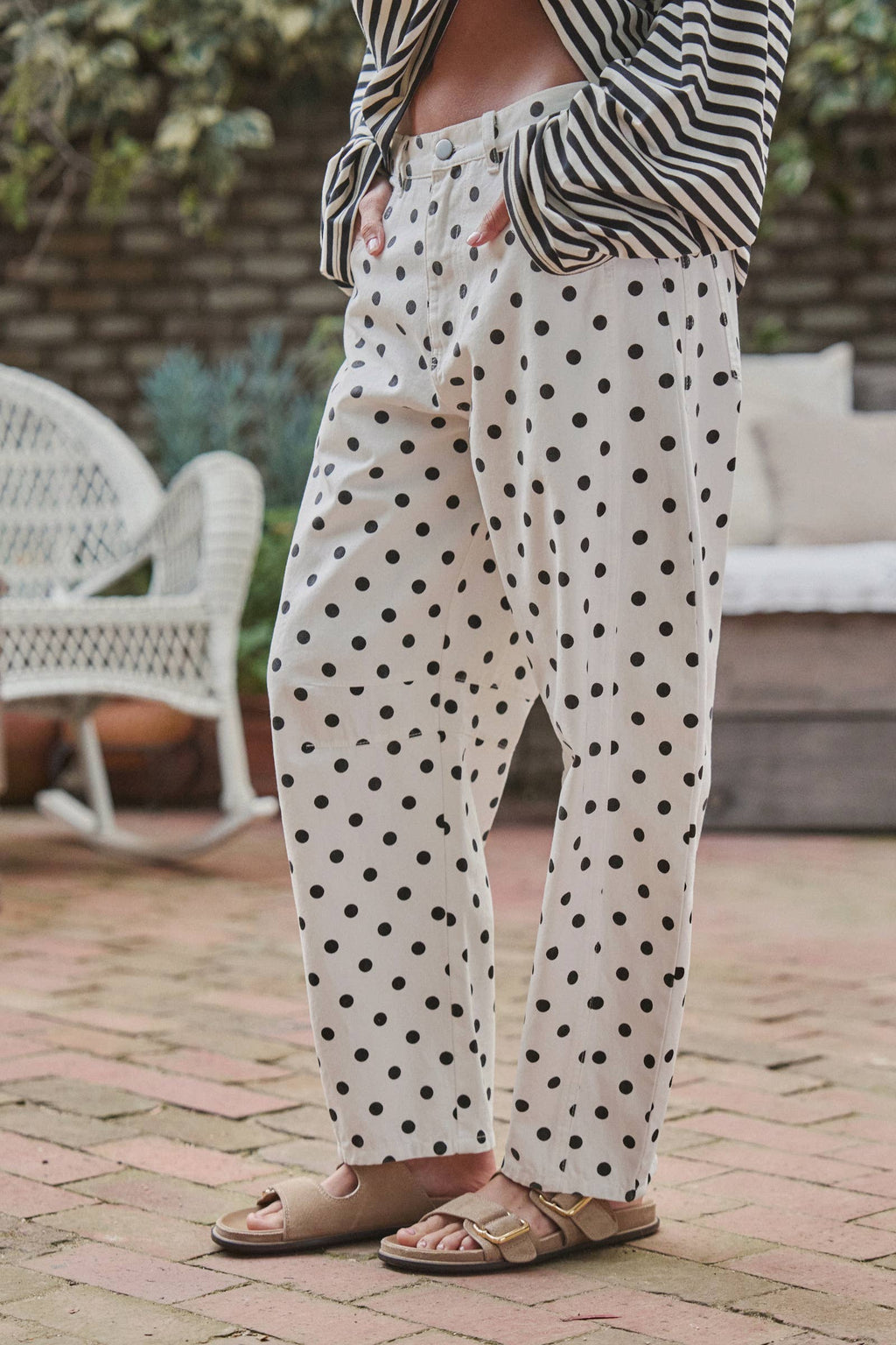 Polka Dot Print Cotton Barrel Leg Jeans