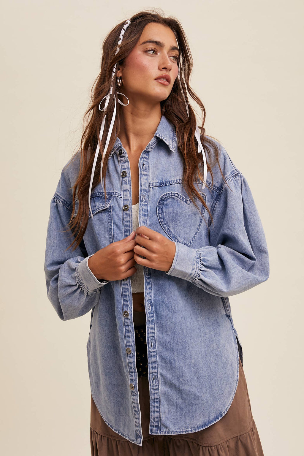 Heart Detail Oversized Denim Shirt