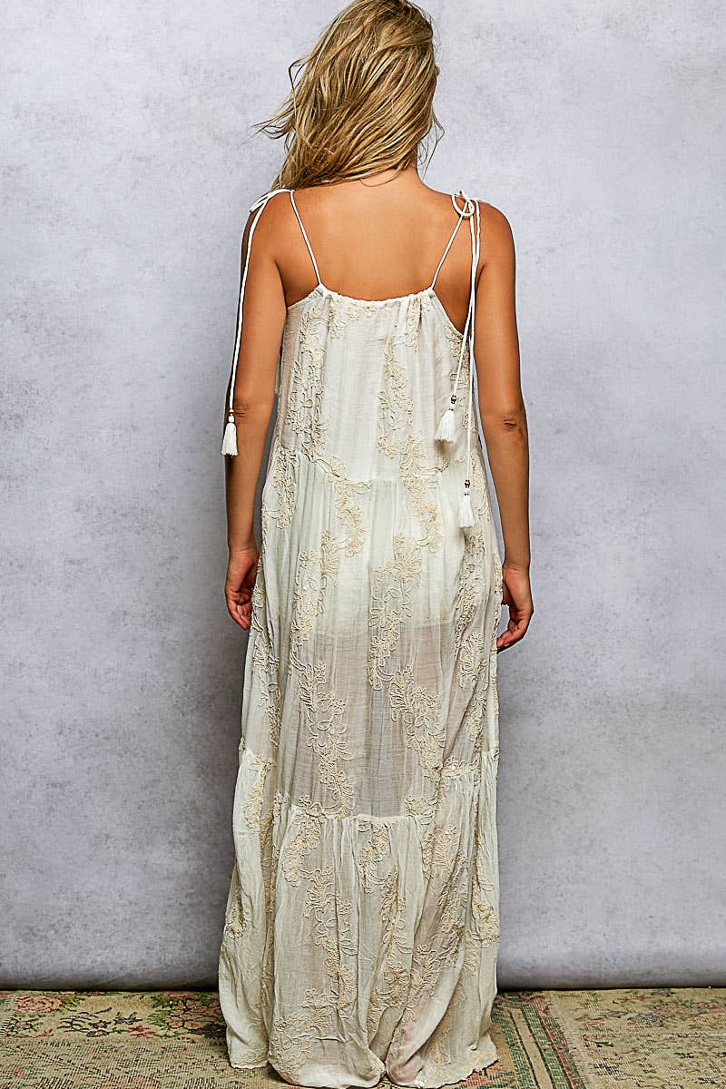 Sleeveless Round Neck Tassel Shoulder Tie Woven Maxi Dress