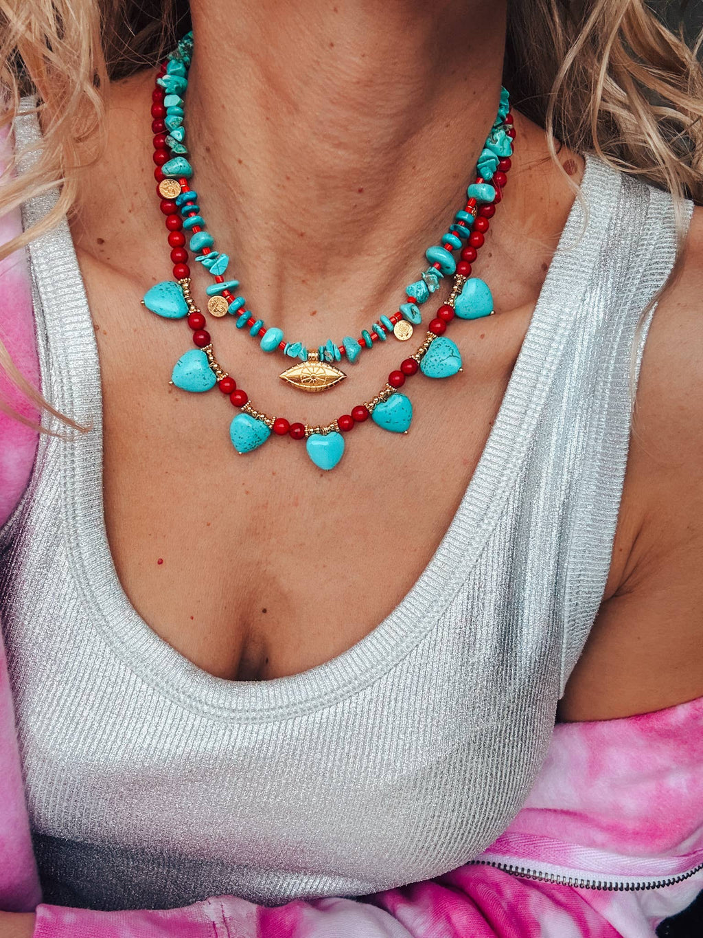 Turquoise & Red Howlite Necklaces – Layered Boho Jewelry