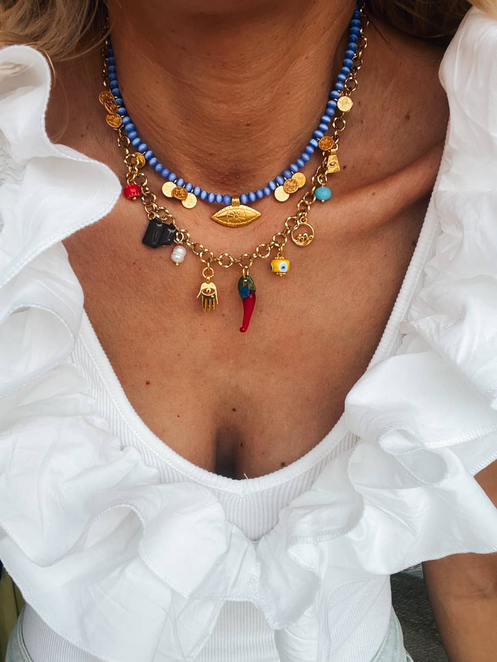 Multi charm summer necklace and dark blue beaded necklace