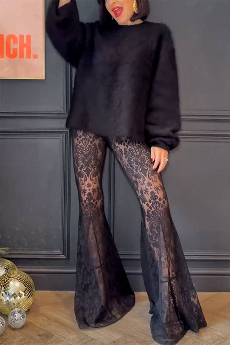 Elegant Sheer-Leg Lace Flare Pants