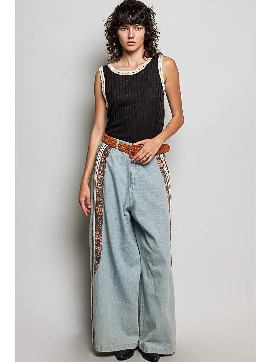 Floral side denim pants