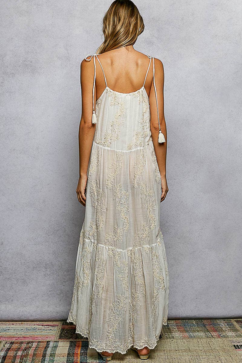 Sleeveless Round Neck Tassel Shoulder Tie Woven Maxi Dress