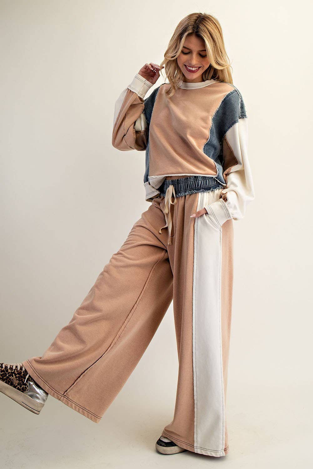 COLOR BLOCK DENIM DRAWSTRING PANTS