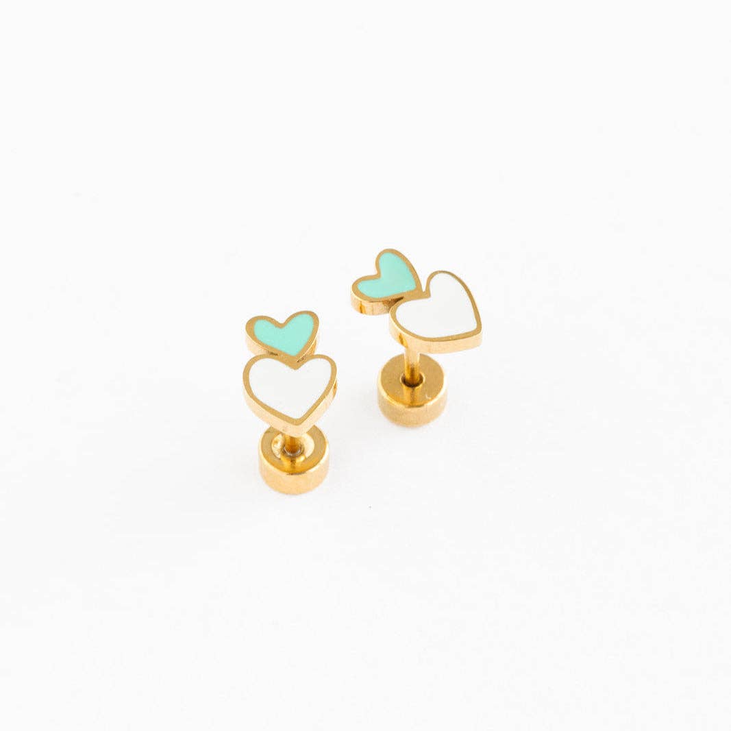 Heart Stack Stud Earrings - Hypoallergenic, Flat Back, Girl
