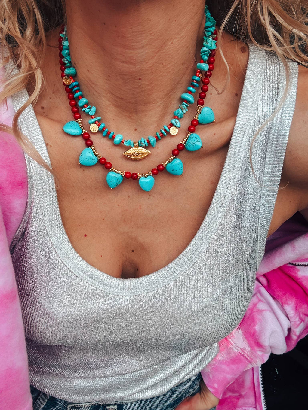 Turquoise & Red Howlite Necklaces – Layered Boho Jewelry