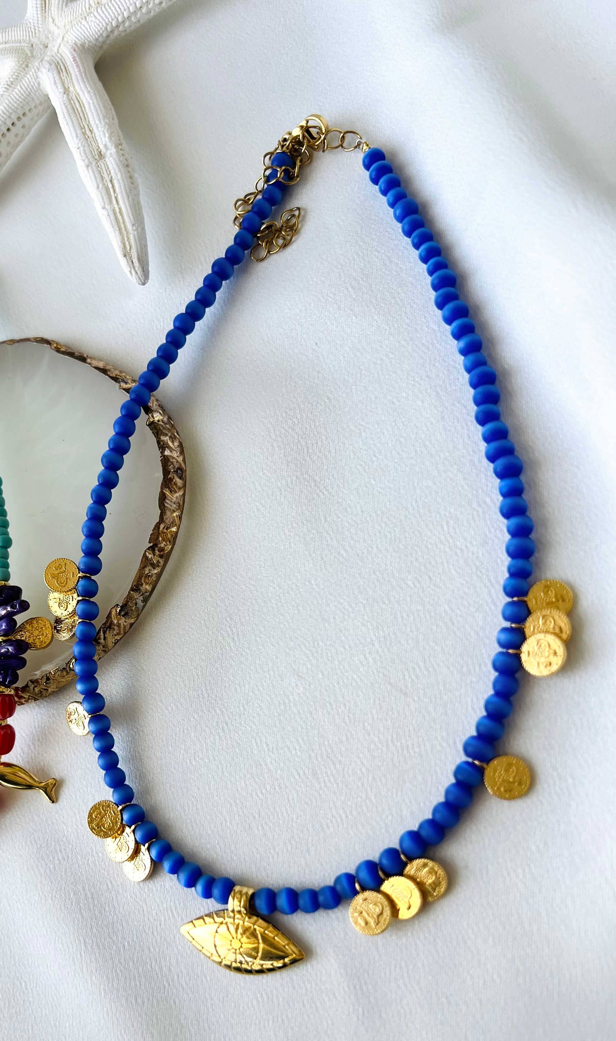 Multi charm summer necklace and dark blue beaded necklace