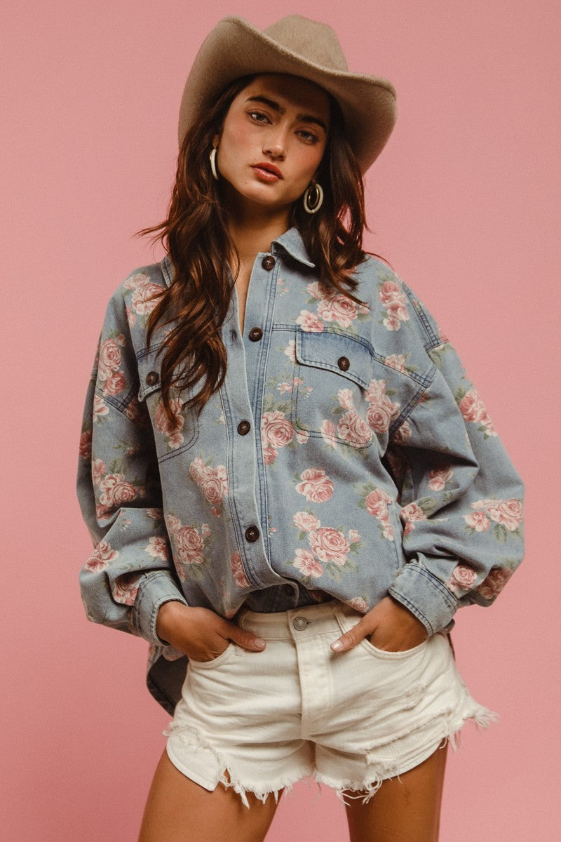 Floral Print Washed Denim Shacket