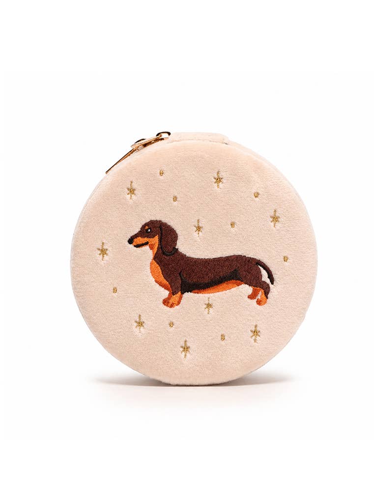 Velvet Jewelry Zip Case / Organizer - Weiner Dog - Cream