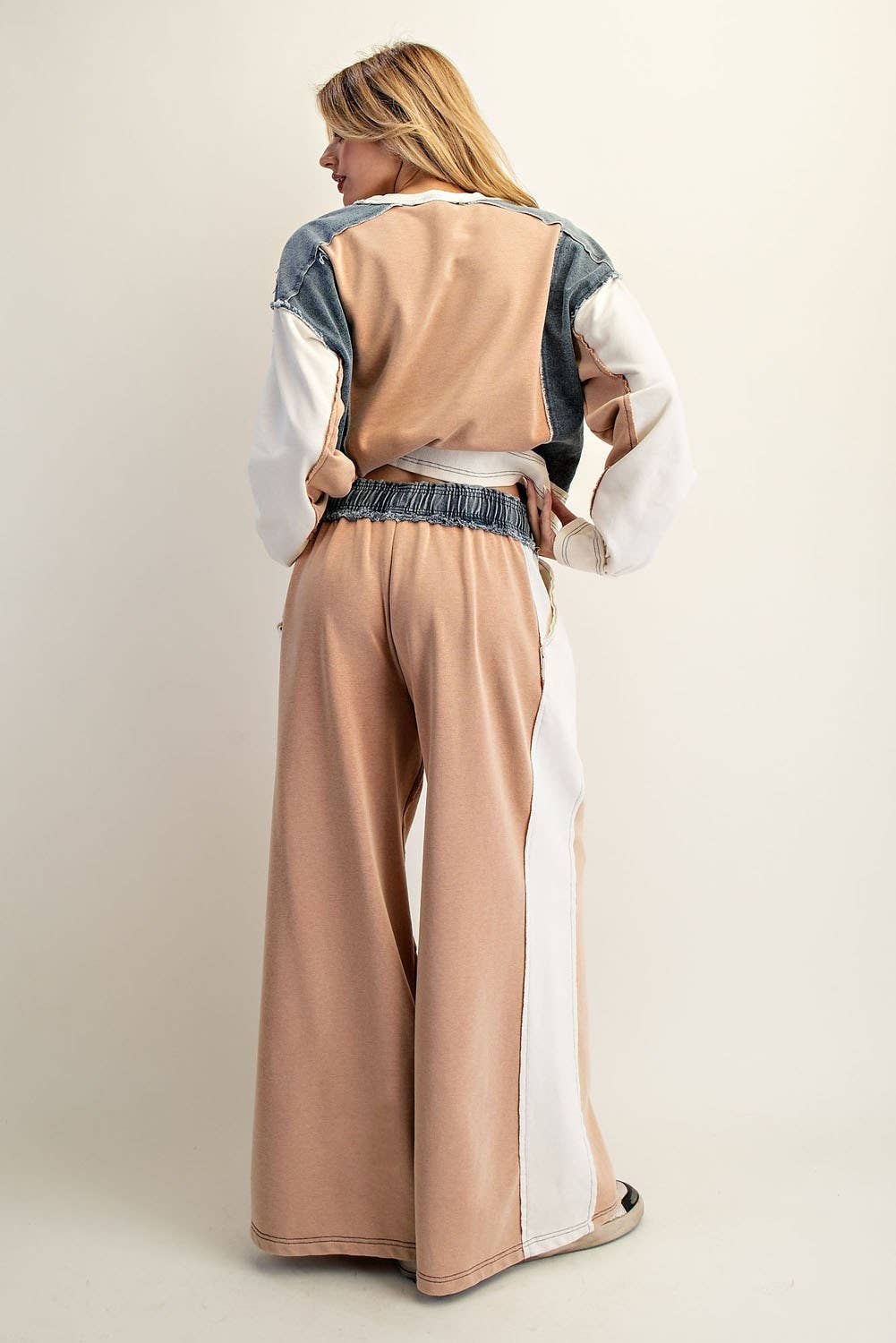 COLOR BLOCK DENIM DRAWSTRING PANTS