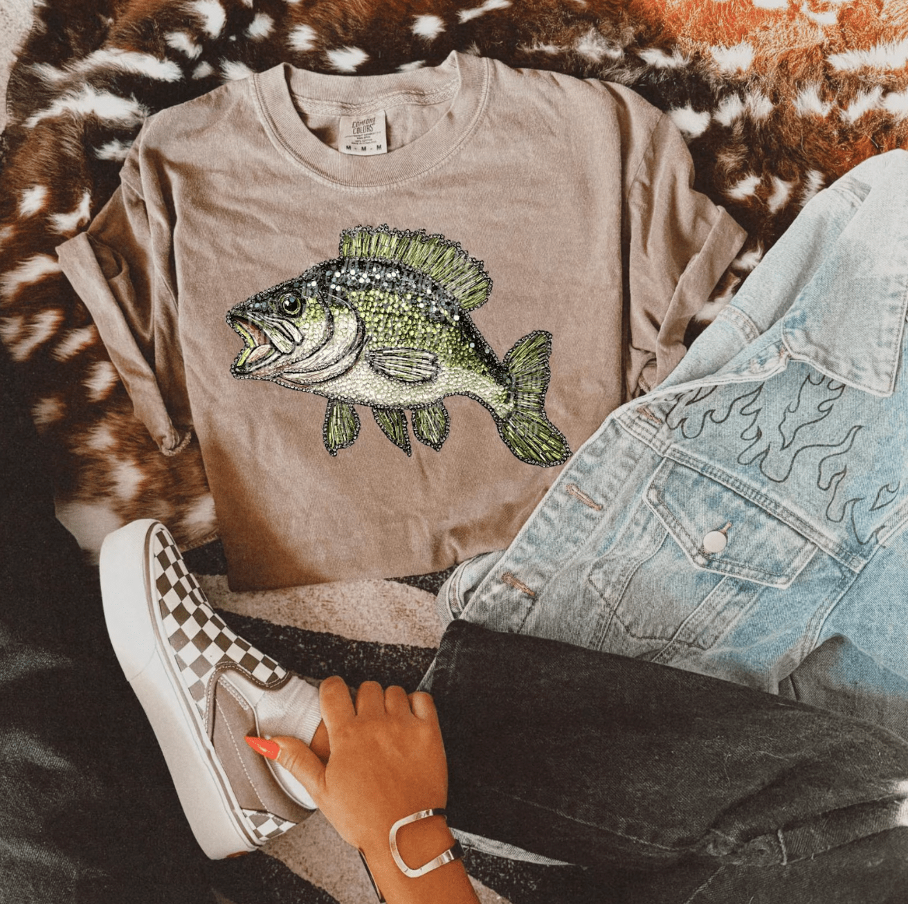 Faux Rhinestone Bass Fishing T shirt